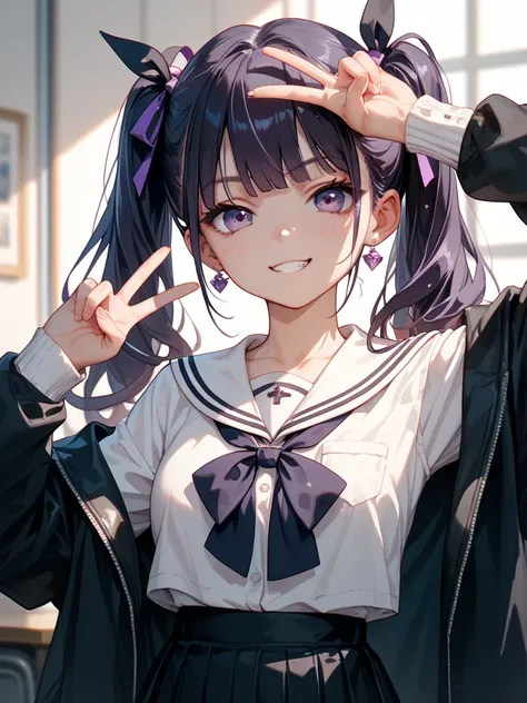  high school girl,  purple eyes,  Neat black attire , Both hands are wearing a V , The head has twin tails and the hair color is black