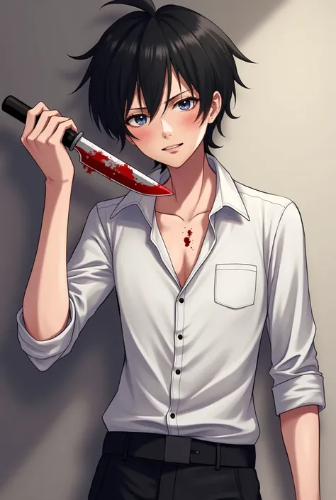 Yandere kun, ayato aishi, black hair, white button down shirt, holding a bloody knife, top button unbutton, showing abit of his chest, black pants, smilling with a sadistic glint in his eyes, bloody, anime artstyle