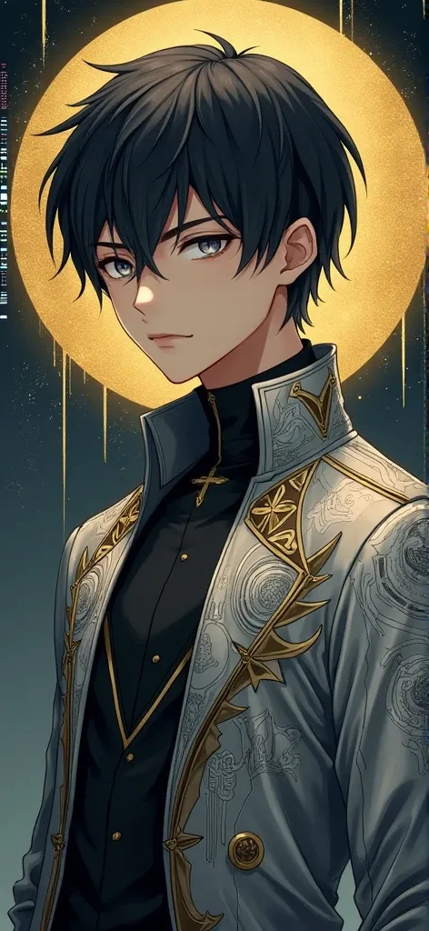 Stylish anime portrait, young man, short dark hair, light-gray eyes, sophisticated dark-colored outfit, intricate metallic geometric patterns, high-detail painterly style, metallic silver and gray coat with intricate design elements, dramatic circular halo...