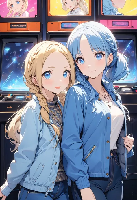 Shown side by side, (2 girls are beautiful and charming body style), ((Each girl has a unique appearance)). BREAK. (a First girl is ultra cute, cute smile, vivid blue hair, forehead long hair, cute blue eyes, small tits), (in a casual blue Jacket, denim je...