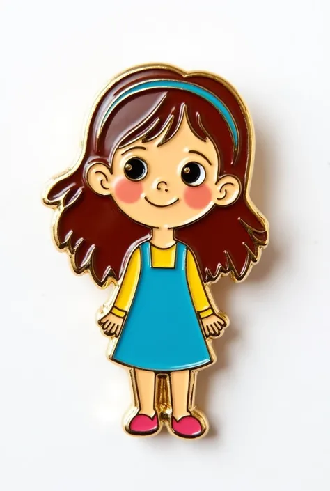 A photo of an enamel pin with a gold border on a white background. The pin features a young girl wearing dress. The pin is simple, using bold colors and a playful outline. It looks like a pin you might find on a jean jacket or backpack.