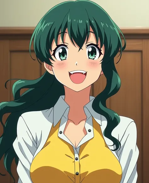 Sakurai sensei, anime 90s, wide smile, white teeth, Sharp eyes, dark green long wavy hair, side bang,  low tied pony tail, white blouse, yellow blouse, in the court, divorce with her fat old husband 