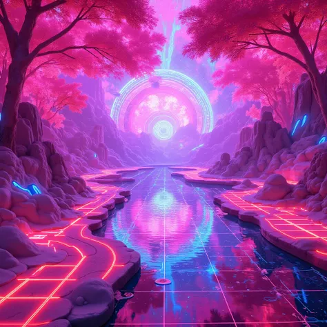 Digital Metaverse BGM production, HDR quality, breathtaking 3D style art design, no text, neon decoration, main color pink & rainbow, grid design aurora, neon lake