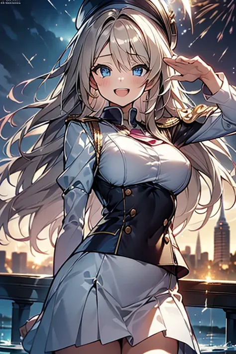 Adult Woman,  Lori face, (masutepiece:1.2, Best Quality), (finely detailed beautiful eye: 1.2), (beautifull detailed face), (perky chest:1.2), (pointed chest:1.1), (captain magazine cover:1.5)，Long dark blonde wavy hair、her thin pubic hair, White and pink ...