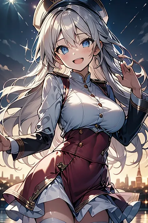 Adult Woman,  Lori face, (masutepiece:1.2, Best Quality), (finely detailed beautiful eye: 1.2), (beautifull detailed face), (perky chest:1.2), (pointed chest:1.1), (captain magazine cover:1.5)，Long dark blonde wavy hair、her thin pubic hair, White and pink ...