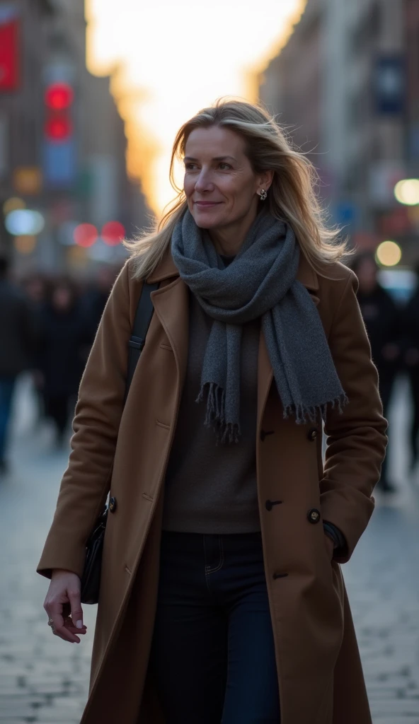 A 36-year-old woman in a long coat and scarf, walking through a city street in the evening.