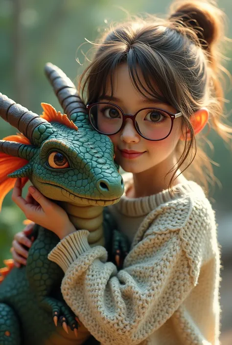 beautiful girl holding dragon with sweeter with glasses 