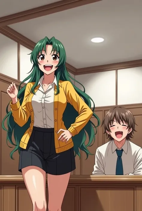 Sakurai sensei, anime 90s, wide smile, white teeth, Sharp eyes, dark green long wavy hair, side bang,  low tied pony tail, white blouse, yellow blouse, full body, in the court, divorce with her fat old husband 