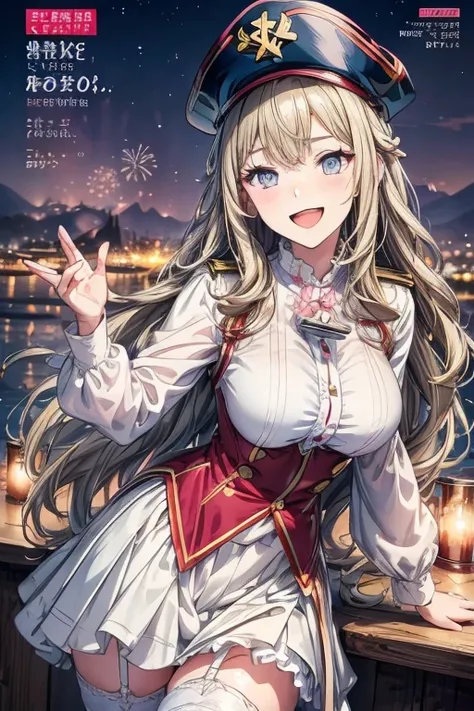 Adult Woman,  Lori face, (masutepiece:1.2, Best Quality), (finely detailed beautiful eye: 1.2), (beautifull detailed face), (perky chest:1.2), (pointed chest:1.1), (captain magazine cover:1.5)，Long dark blonde wavy hair、her thin pubic hair, White and pink ...