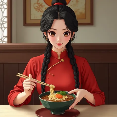  Oriental Young Woman， Hair two braids ， Wear a red high collar dress ， Sitting in front of a restaurant table ，Right hand(Hand drawn )Take a pair of chopsticks ( Chopsticks to paint )， in your left hand Place on the table (Hand drawn )， There is a bowl of...