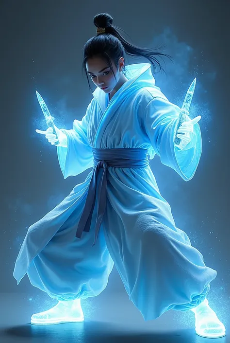 a close up of a person in a costume playing a game, a hologram inspired by Huang Shen, trending on cg society, holography, this character has cryokinesis, in the style of sifu 🔥 😎 🕹️ 👀 :2, fighting stance energy, fighting game character, as a character in ...