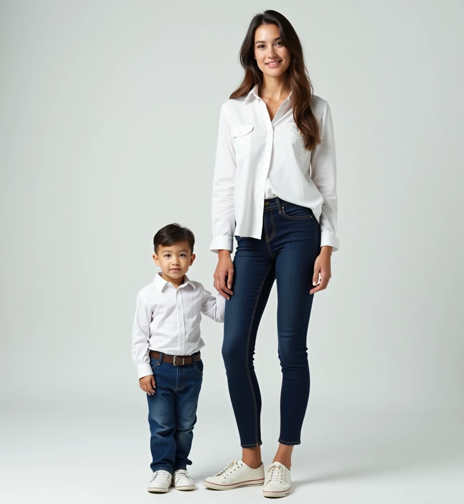 A woman  ypoung smart tallstands next to a 1. 5year old baby boy  both facing forward. The woman wears a white shirt and , paired with dark jeans. The boy,  is dressed in a white shirt and blue pants, with matching shoes. They are set against a plain, ligh...