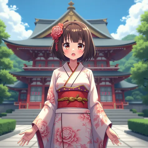 japanese temple background, got "978" named on the temple, pretty, teenager girl, wearing kimono, word "Shea" on her kimono, smiling, anime.