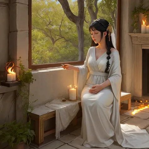 Create a highly detailed and serene depiction of Hestia, the Greek goddess of the hearth, home, and family. Hestia is portrayed as a calm and nurturing figure, exuding warmth and tranquility. She is dressed in a simple, yet elegant white robe that drapes g...