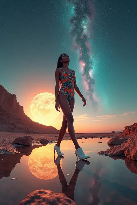 A 360 degree photo of a ugandan light skinned model aged 22 is walking in a wasteland on a large mirror, the centre of the wasteland is made of a mirror, the mirror has a reflection of the reflection in the cosmos. The cosmos has got shinning stars and dif...