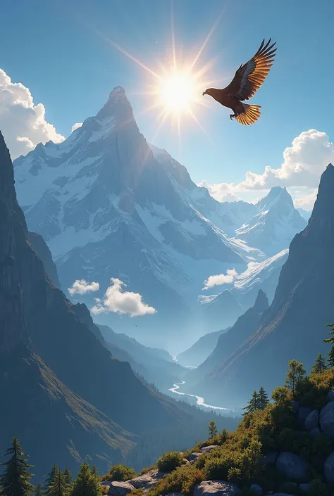 Mountains, sky, Sun, hovering hawk