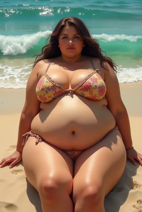 SSBBW woman. On the beach in a bikini. 
Thick, fat thighs. 
Big butt. 
Round hips
(Rubens style) 
(fat thick plump curvy) 