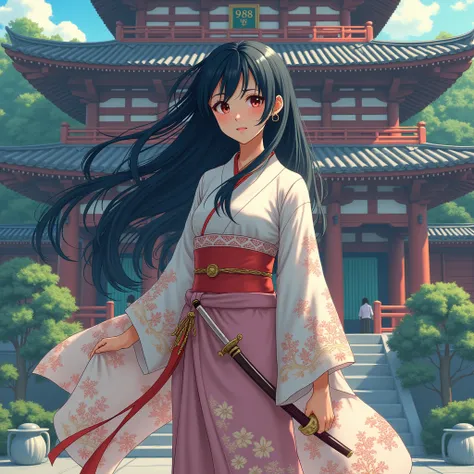 japanese temple background, got "978" named on the temple, pretty, teenager girl, wearing kimono, long black hair, have a sword on her side, smiling, anime.