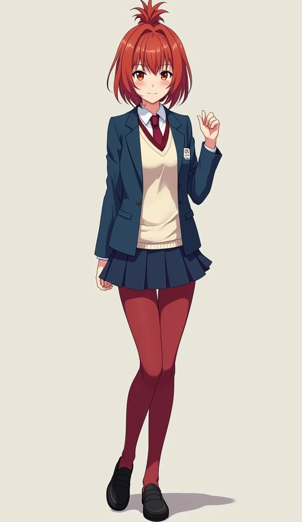  Anime teen woman She has red-brown hair tied in a tall tomato bun with some loose locks.  She wears a school uniform consisting of a blue blazer and a white sweater ,  a burgundy shirt and tie . She also wears a dark blue short skirt with tight red pants ...