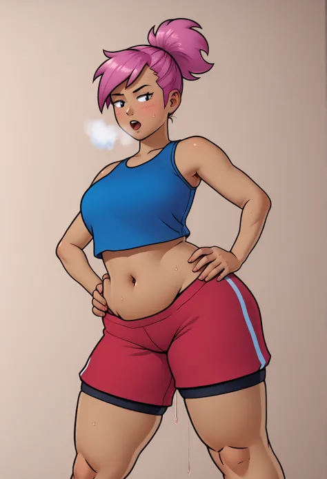 score_9, score_8_up, score_7_up, score_9,4k, HD, 8k, highres, antialiasing, detailed, texture, cinematic lighting,  enidSDXL, 1girl, solo, ponytail, short hair, large breasts,  blue tanktop, navel, cowboy shot,  pink hair, purple hair, dark skin, shorts, m...