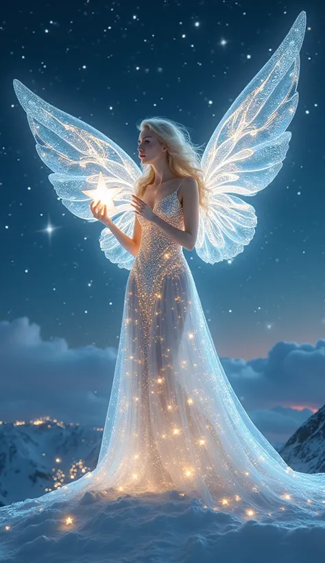 A celestial guardian of Christmas—a majestic figure dressed in a flowing gown of starlight, with glittering silver and gold patterns. They stand atop a snowy mountain peak, holding a glowing star that lights up the entire sky. Their wings shimmer with icy ...