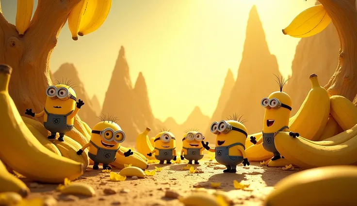 "A whimsical and surreal scene of Minions exploring a magical Banana Land, where everything is made of bananas. The ground is a giant banana peel, the trees have bananas hanging instead of leaves, and even the mountains in the distance are shaped like bana...