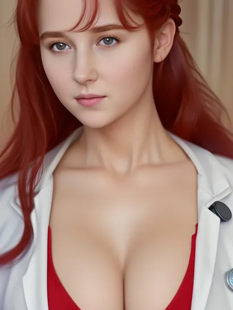 (best quality,4k,8k,highres,masterpiece:1.2),ultra-detailed,(realistic,photorealistic,photo-realistic:1.37), ((woman, lab coat, cleavage, shy, pale skin)), ((very large bust size for her young age)), braided red hair