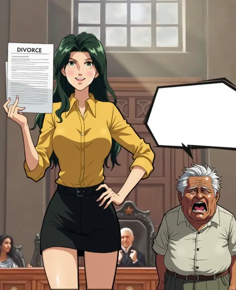 Sakurai sensei, anime 90s, wide smile, white teeth, Sharp eyes, dark green long wavy hair, side bang,  low tied pony tail, white blouse, yellow shirt inside, long sleeves, mini skirt, in the court, divorce with husband