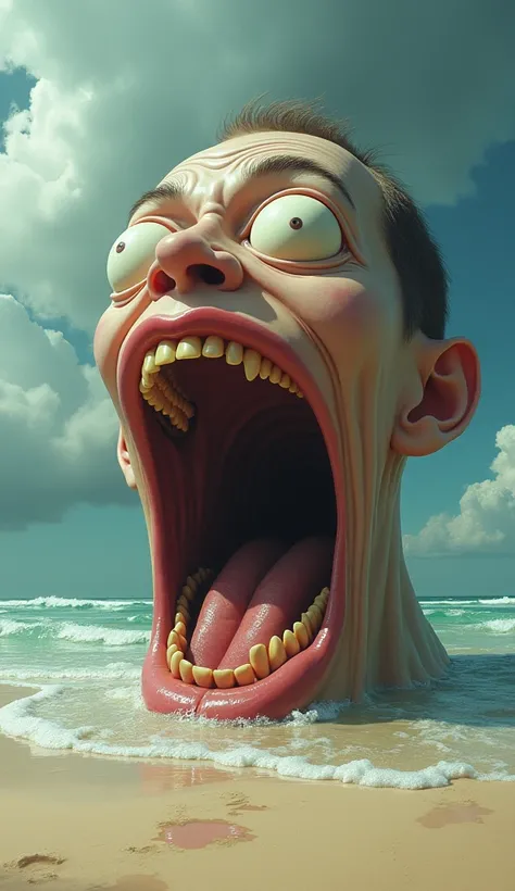 Create a image of pone men mouth looks like a horror I am very hilarious that is stand on the beach and sky