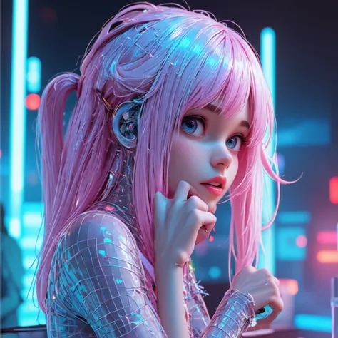 Metaverse BGM production, HDR quality, breathtaking 3D style art design, no text, neon decoration, main color pink & silver, digital human, side-on angle, design built with grid lines, glowing circuits and atmosphere. It expresses an abstract fusion of hum...