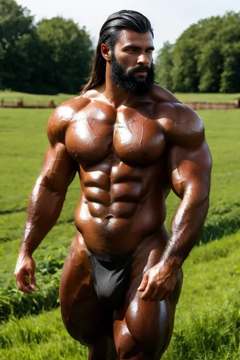 Muscular male centaur on farm. Centaur is oiled and wet. black long hair, black long beard.