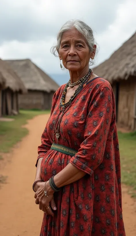 A 38-year-old woman in a traditional dress, standing in a village with thatched-roof houses.