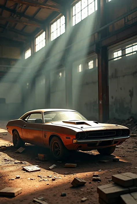 A rusty, vintage muscle car parked in an abandoned, decaying industrial warehouse. The building is partially destroyed, with broken windows and rusted metal beams. Sunlight streams through the cracks in the ceiling, illuminating dust particles in the air. ...