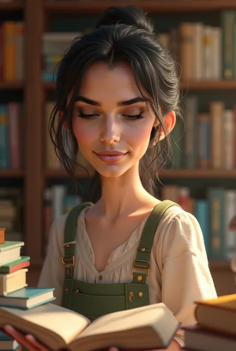 Imagine this girl is in a book store search for a book with a cute smile, ultra realistic, perfect face