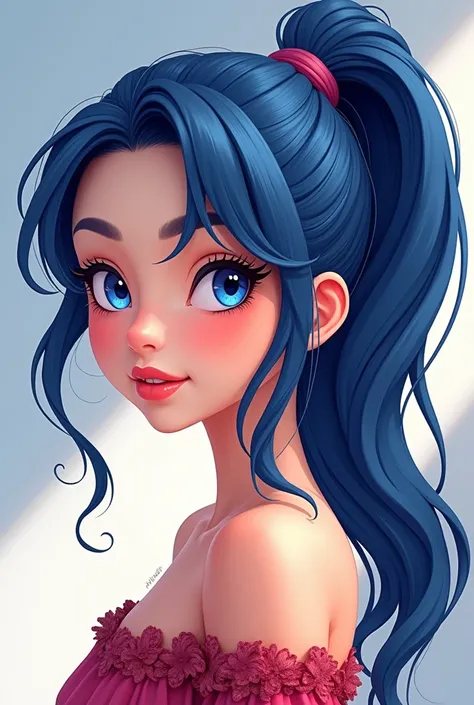 A  teenager girl  with  ponytail hair dark blue  hair  and  wear luxury  dress  picture be animation 