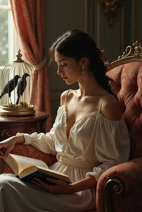 Woman reading a book in a luxurious home environment with a cage of black and white birds in the background
