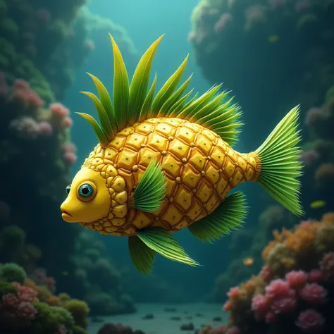  extremely hyper realistic natural photo of a Pineapple Fish :
 Body covered with scales in a golden-yellow geometric pattern ,  with thick green fins that resemble the fruit crown. The tail is long and triangular ,  imitating the upper leaves of the pinea...