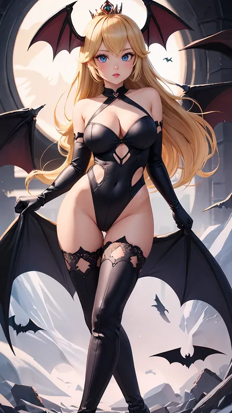 1girl, Princesa Peach, blonde, blue eyes, outfit , solo, breasts, long hair, , large breasts, r, bangs, demon_girl, head_wings, wings, animal_print, pantyhose, bat_print, bat_wings, print_legwear, bridal_gauntlets, leotard, bare_shoulders, cleavage, black_...