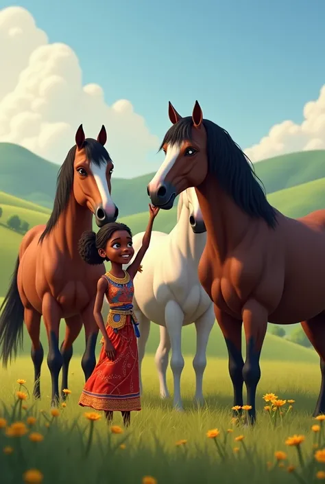 A African girl stad with beautiful horses and then sit on the horse