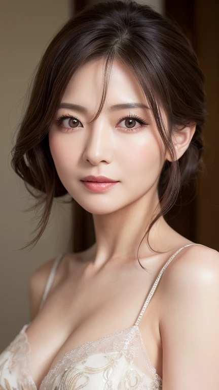 (best quality, masterpiece:1.2), ultra high res, raw photo, photorealistic, full color, Japanese, 1 woman, 65 years old, elegant face, realistic eyes, heart face, small breasts, long hair, french twist, formal dress