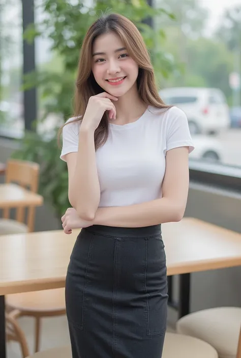  Korean girl with long hair ,  Natural Brown Hair ,   medium chest,  Smiling, seeing white teeth,   Wearing a white cropped T-shirt with a round neck, short sleeves,  Long Pencil Black Denim Skirt, RANDOM GESTURES, stand ,  Daylight  ,  daylight  ,That in ...