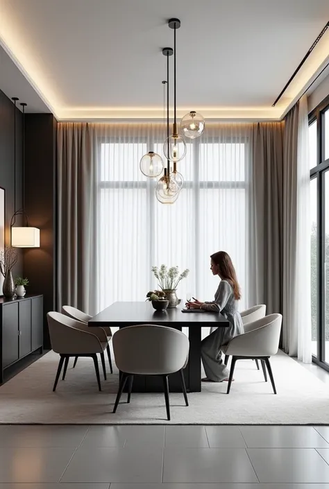 PROFESSIONAL ARCHITECTURAL 3D RENDERING OF THE INTERIOR DESIGN OF A VERY MODERN AND VERY MINIMALIST AND STYLISH  Dining ROOM WITH MODERN AND STYLISH AND MINIMALIST FURNITURE IN GLOSSY GRAY AND MORE EXPENSIVE AND GLOSSY VELVET AND CURTAINS MADE OF WHITE SIL...