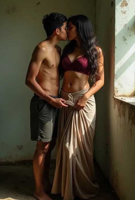 A teenage boy wearing shorts and a slim curvy tall south indian woman with large breast wearing dark red bra and a pale brown long skirt exposing her deep cleavage, navel. She is leaning towards the wall. Boy kissing her chest and gently lifting her skirt ...