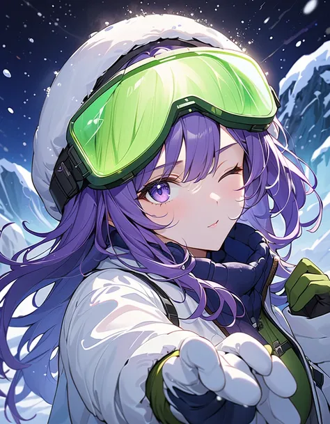 (masterpiece, Best Quality), light particles, alien world, night, close up, holding out hand, one eye closed, snowing, heavy snowfall, blowing snow, large crystals,l, beautiful face, purple eyes, purple hair, long hair, swept bangs, green tinted goggles on...