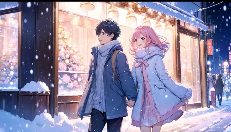 "anime style, snow scene, glittering city lights, a happy couple holding hands, pastel color, bright, kawaii, high details, intricate, aspect ratio 16:9, beautiful scene"

"snowy night street, couple in warm clothes walking side by side, city lights reflec...