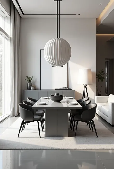 PROFESSIONAL ARCHITECTURAL 3D RENDERING OF THE INTERIOR DESIGN OF A VERY MODERN AND VERY MINIMALIST AND STYLISH  Dining ROOM WITH MODERN AND STYLISH AND MINIMALIST FURNITURE IN GLOSSY GRAY AND MORE EXPENSIVE AND GLOSSY VELVET AND CURTAINS MADE OF WHITE SIL...