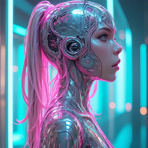 Metaverse BGM production, HDR quality, breathtaking 3D style art design, no text, neon decoration, main color pink & silver, digital human, side-on angle, design built with grid lines, glowing circuits and atmosphere. It expresses an abstract fusion of hum...