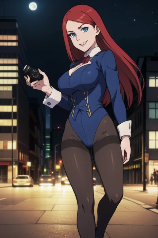 Kushina, long hair, red hair, blue eyes, mature female, large breasts, (One Person), (Masterpiece, Best Quality), (A Gorgeous 25 Years Old British Female Vampire Mercenary), (Pale Skin with Hidden Fangs), (Sapphire Blue Eyes), (Wearing an elegant leotard, ...