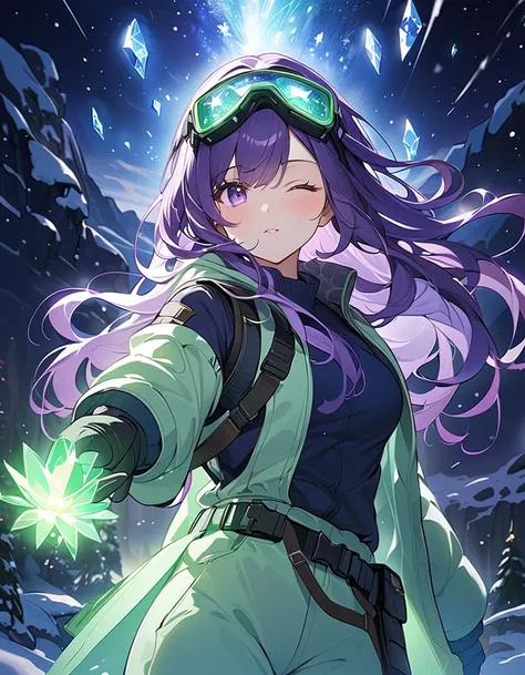 (masterpiece, Best Quality), light particles, alien world, night, close up, holding out hand, one eye closed, snowing, heavy snowfall, blowing snow, large crystals,l, beautiful face, purple eyes, purple hair, long hair, swept bangs, green tinted goggles on...