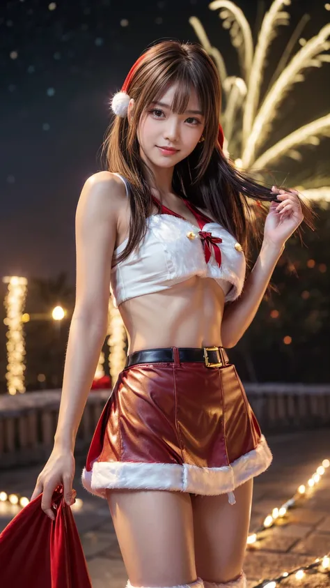 Product quality, 1 girl, Cowboy Shots,Front View,Beautiful young Japanese girl, sexy( cute Santa Claus costume:1.2),wear, wear(red ultra super short micro mini skirt:1.2),smile,very cute face, glossy lips , double eyelids,(Natural Cosmetics ), Long Shiny, ...